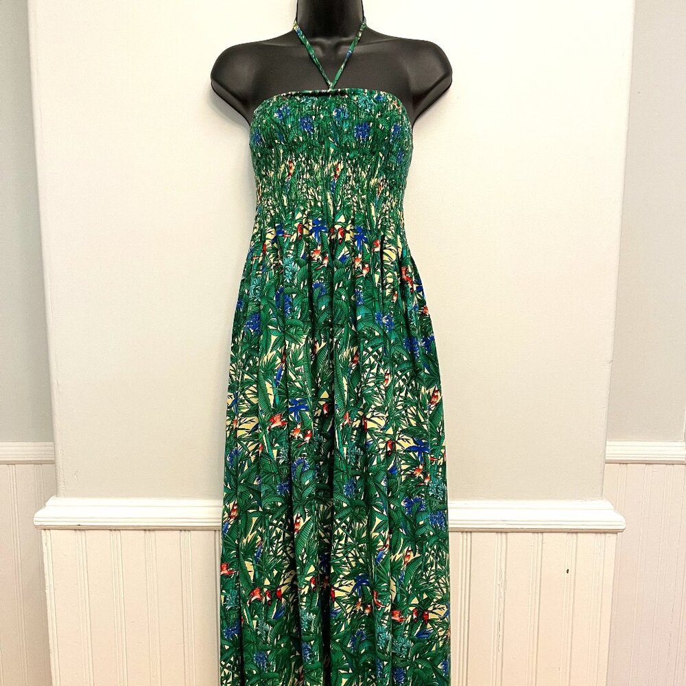 Beach Crew Smocked Halter Top Tropical Midi Dress, Size OS
